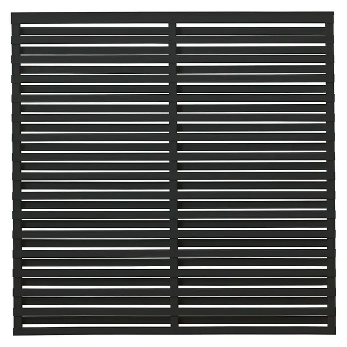 Plus Sichtschutzelement Osaka - 180 x 180 cm, Schwarz - Nahaufnahme eines modernen, schwarzen Sichtschutzzauns mit horizontalen Lamellen, ideal für Privatsphäre und stilvolle Gartengestaltung.
