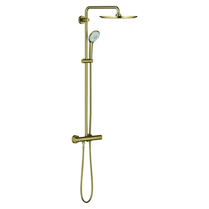 Grohe Euphoria Duschsystem 310 - Mit Thermostatarmatur, Lochabstand: 101,6 cm, Anzahl Strahlarten: 1 Stk., Cool Sunrise, Oberflächenbehandlung: Gebürstet - Duschsystem in gebürstetem Gold mit Kopf- und Handbrause. Elegantes Design für ein luxuriöses Duscherlebnis im Badezimmer.