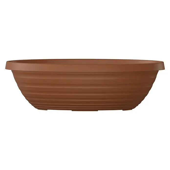 Scheurich Country Star Pflanzschale eckig - Außenmaß (L x B x H): 49 x 19 x 14,8 cm, Kunststoff, Terracotta - Brauner, horizontal gerippter Pflanzkübel aus Kunststoff mit einer breiten, flachen Lippe und einer leicht konischen Form.