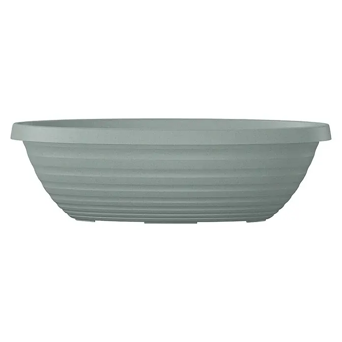 Scheurich Country Star Pflanzschale eckig - Außenmaß (L x B x H): 49 x 19 x 14,8 cm, Kunststoff, Granite grey - Nahaufnahme einer stilvollen, hellblauen Pflanzschale mit gerippter Textur, ideal für Innen- und Außenbereich, auf schwarzem Hintergrund.