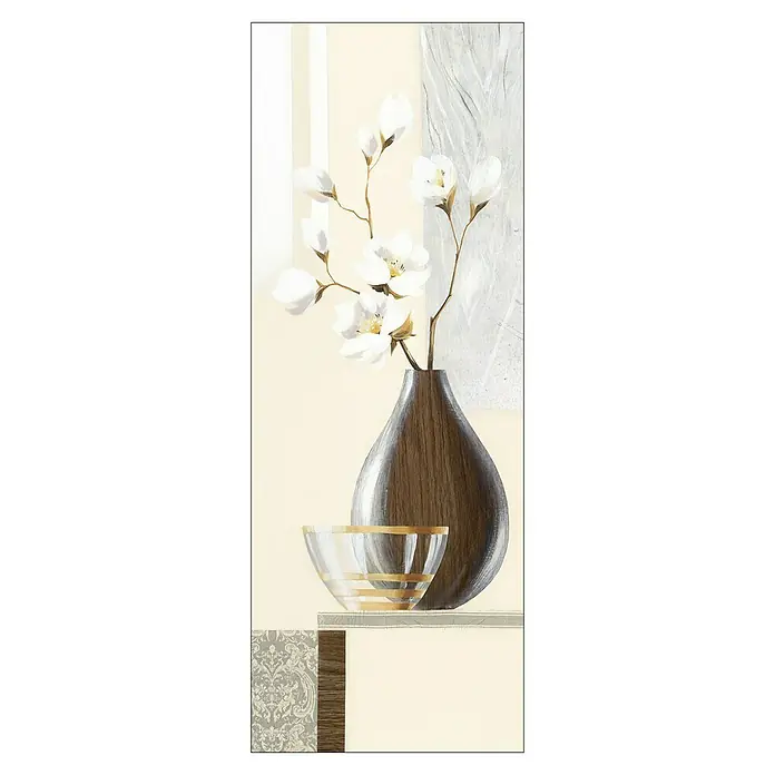 ProArt Leinwandbild - Brown Oval Vase I, B x H: 30 x 80 cm - Elegantes Stillleben: Weiße Magnolienblüten in einer schlanken, braunen Vase neben einer Schale mit goldenen Akzenten, vor einem sanften Hintergrund.
