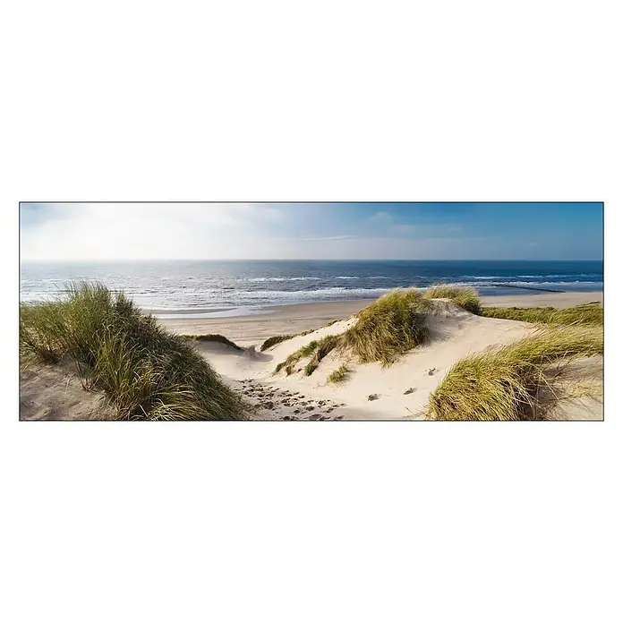 ProArt Leinwandbild - Sea View, B x H: 80 x 30 cm - Panoramaaufnahme eines Sandstrandes mit Dünen, bewachsen mit Gras, unter blauem Himmel und ruhiger See.