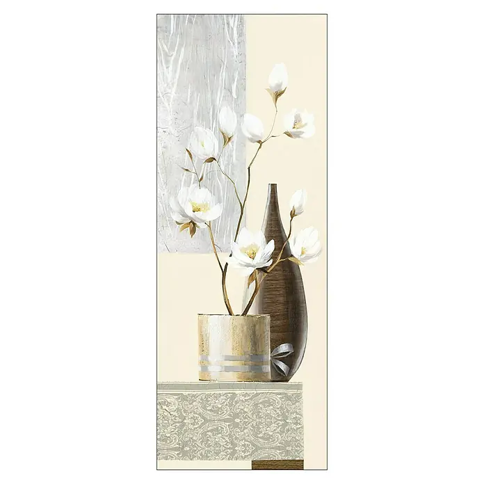 ProArt Leinwandbild - Brown Oval Vase II, B x H: 30 x 80 cm - Elegantes Stillleben-Gemälde mit weißen Blüten, einer schmalen Vase und einem dekorativen Topf auf einem verzierten Tisch.