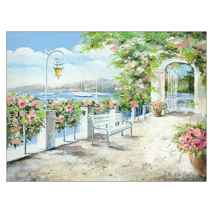 ProArt Leinwandbild - Passagio Di Lago, B x H: 80 x 60 cm - Romantisches Gemälde einer Villa am Meer mit blühenden Blumen, einer Bank und Segelbooten im Hintergrund.