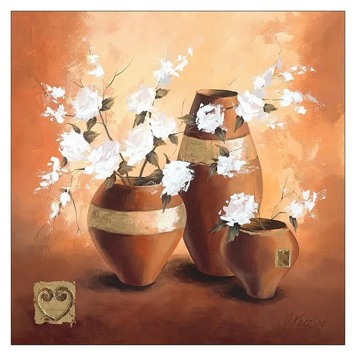 ProArt Leinwandbild - Gold Shining I, B x H: 30 x 30 cm - Gemälde mit drei braunen Vasen, die mit weißen Blumen gefüllt sind, vor einem orangefarbenen Hintergrund.