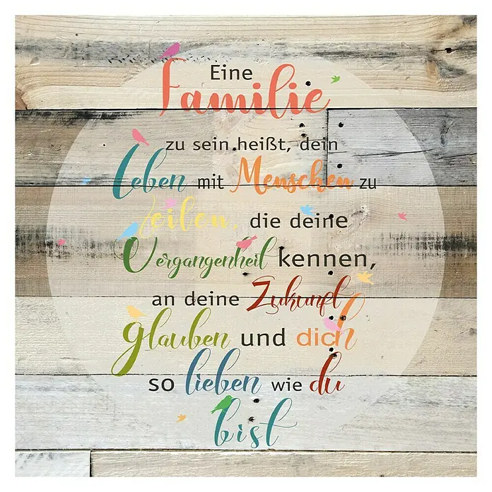 ProArt Decopanel - Familie, B x H: 30 x 30 cm - Dekorative Holztafel mit einem farbenfrohen Zitat über Familie und kleinen Vogelmotiven, ideal für Wohnkultur und als Geschenk.