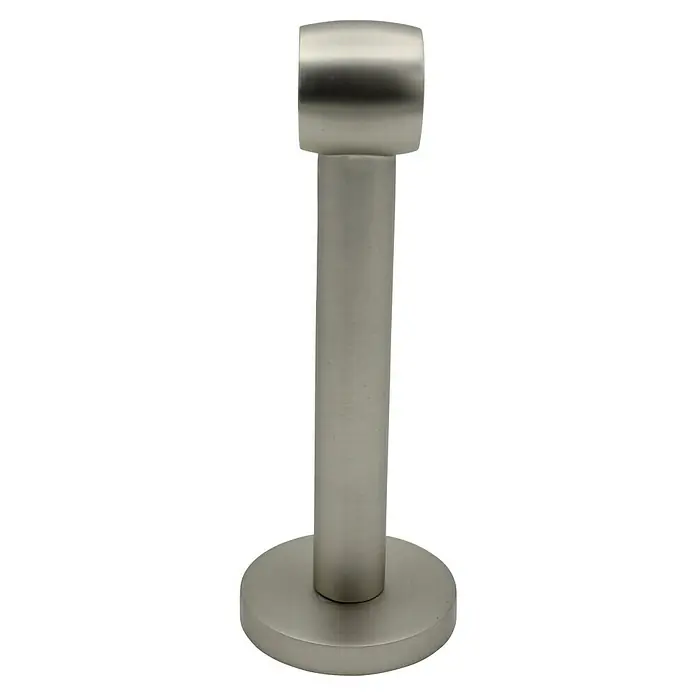 Expo Ambiente Träger Noble - Edelstahloptik, Geeignet für: Gardinenstangen Ø 20 mm, 13,5 cm - Nahaufnahme eines Türstoppers aus Edelstahl mit einer zylindrischen Form und einer runden Basis, der auf einem schwarzen Hintergrund steht.