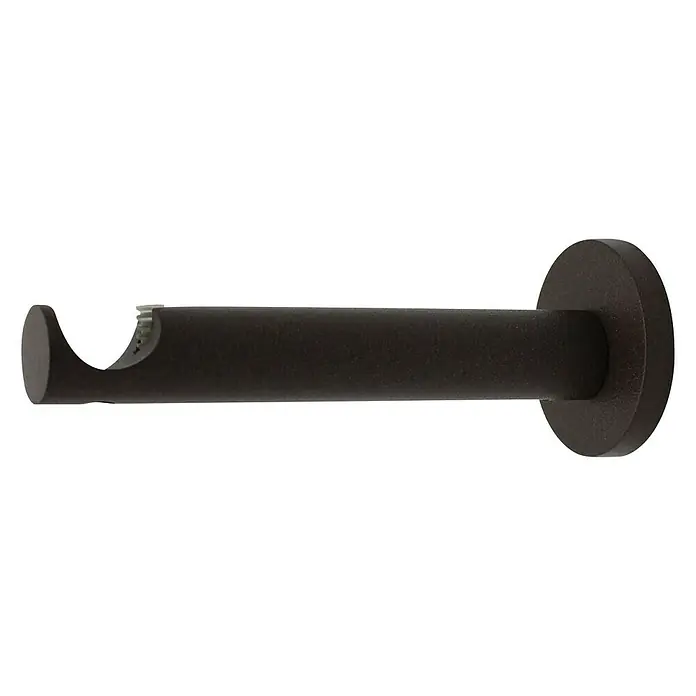 Expo Ambiente Träger Function - Rost, Geeignet für: Gardinenstangen Ø 20 mm, 13,1 cm - Nahaufnahme einer braunen Gardinenstangenhalterung mit zylindrischem Design und runder Wandbefestigung, ideal für Vorhänge.