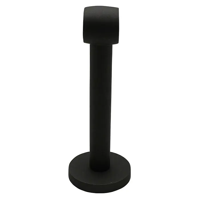 Expo Ambiente Träger Noble - Eisenoptik-brush, Geeignet für: Gardinenstangen Ø 20 mm, 13,5 cm - Diese Nahaufnahme zeigt einen stilvollen, mattschwarzen Türstopper mit einem robusten, zylindrischen Design auf einer kreisförmigen Basis.