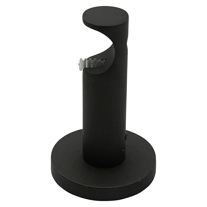 Expo Ambiente Träger Function - Eisenoptik-brush, Geeignet für: Gardinenstangen Ø 20 mm, 7,8 cm - Nahaufnahme einer schwarzen Gardinenstangenhalterung mit runder Basis und verstellbarer Schraube zur sicheren Befestigung der Stange.