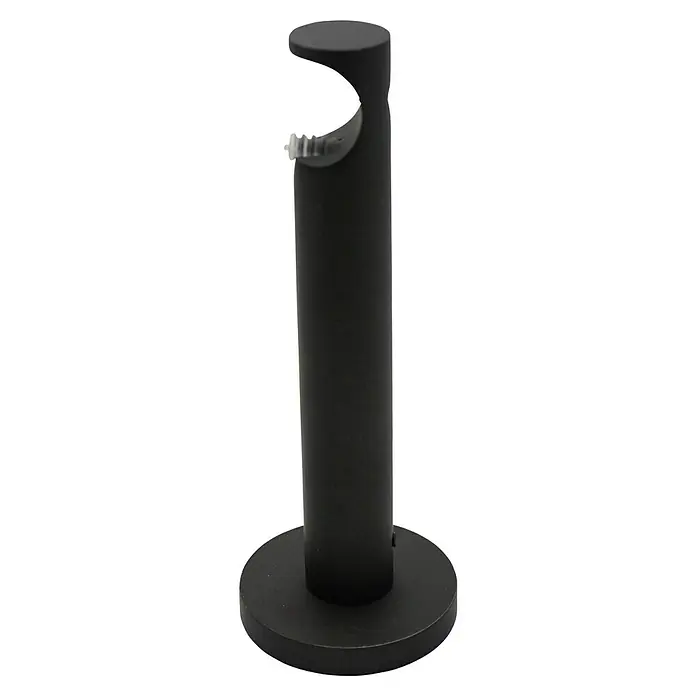 Expo Ambiente Träger Function - Eisenoptik-brush, Geeignet für: Gardinenstangen Ø 20 mm, 13,1 cm - Nahaufnahme einer modernen, mattschwarzen Gardinenstangenhalterung mit einem runden Sockel und einem offenen Haken zur Stangenaufnahme.