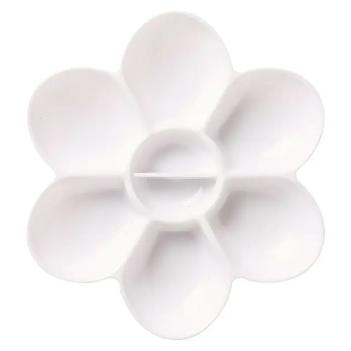 Reeves Farbmischpalette - Rund, Durchmesser: 18 cm, Kunststoff - Weiße, blumenförmige Farbpalette mit mehreren Mulden zur Farbmischung, ideal für Künstler und Bastler, die Wert auf Ordnung legen.