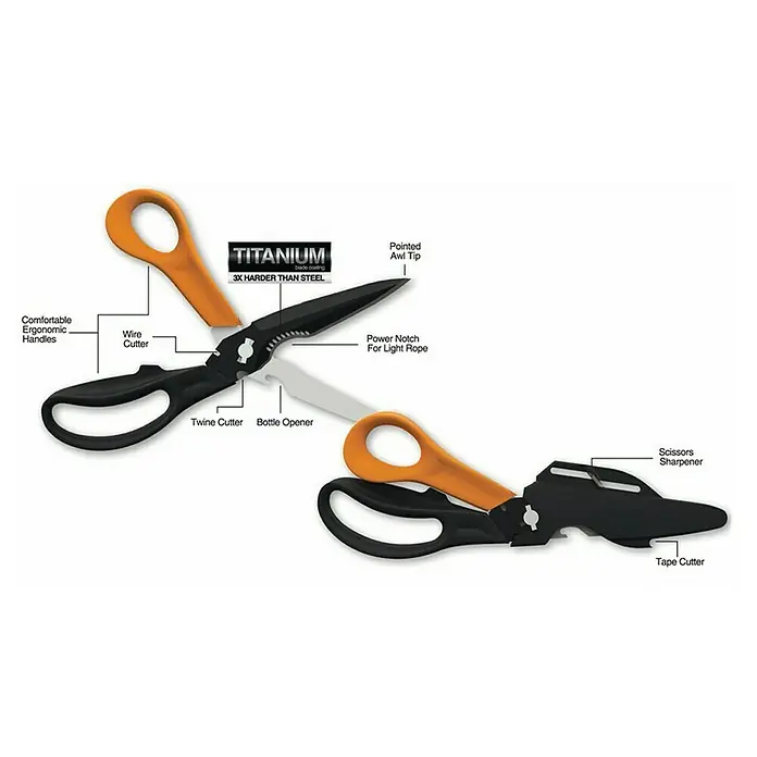 Fiskars Tijeras de trabajo - Largo: 23 cm, Longitud de corte: 80 mm - Tijeras multifuncionales de titanio con mangos cómodos, cortaalambres, abridor de botellas y más para aplicaciones versátiles.