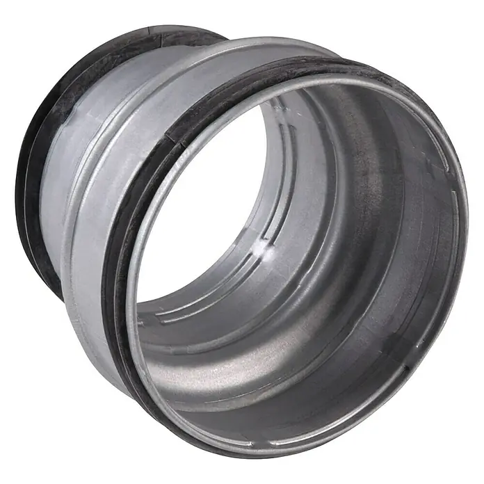 Air-Circle Wickelfalzrohr-Reduzierung - Durchmesser: 150 mm - 125 mm, Stahl - Das Bild zeigt einen Kanalverbinder, ein verzinktes Metallstück, das für die Verbindung von Lüftungsrohren unerlässlich ist.