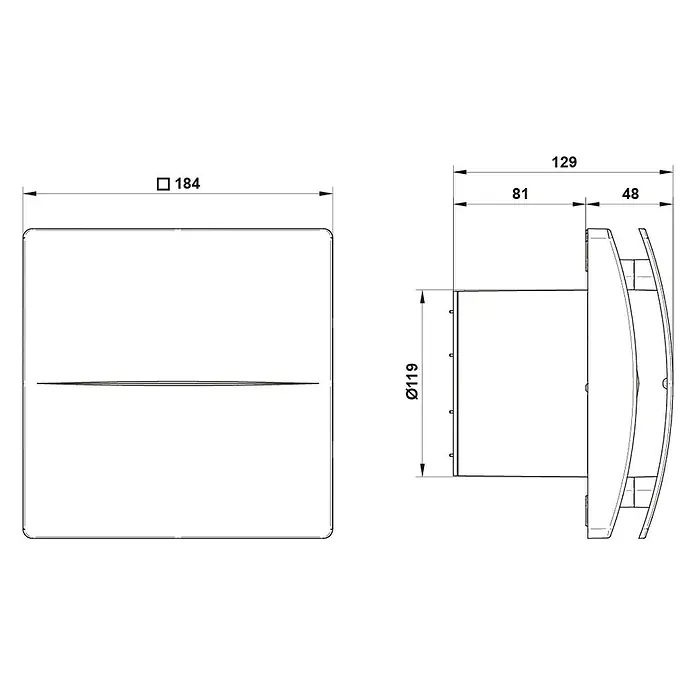 Wandventilator W-Style Premium - Weiß, 11,9 cm - Abbildung eines Lüfters mit Maßangaben. Die Zeichnung zeigt die Abmessungen des Produkts für Installationszwecke.
