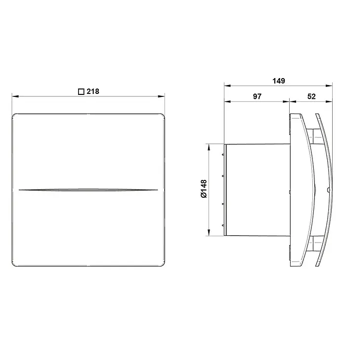 Wandventilator W-Style Premium - Weiß, 14,8 cm - Technische Zeichnung eines rechteckigen Abluftventilators mit Maßangaben zu Größe und Tiefe.