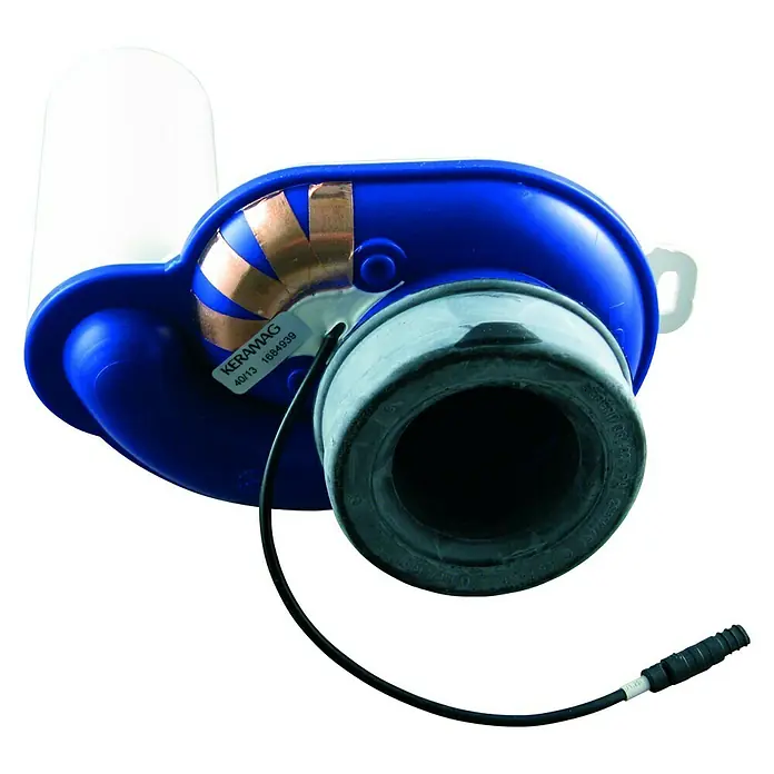 Geberit Absaugvorrichtung - Sensor, Grau/Blau - Nahaufnahme einer Keramag-Toilette mit blauem Kunststoffgehäuse, Kabel und weißem Behälter.
