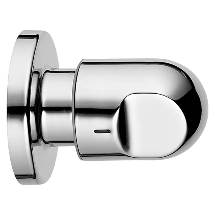 Hansa UP-Umsteller Lux - Chrom, Glänzend - Nahaufnahme eines glänzenden, verchromten Toilettenpapierhalters vor schwarzem Hintergrund.