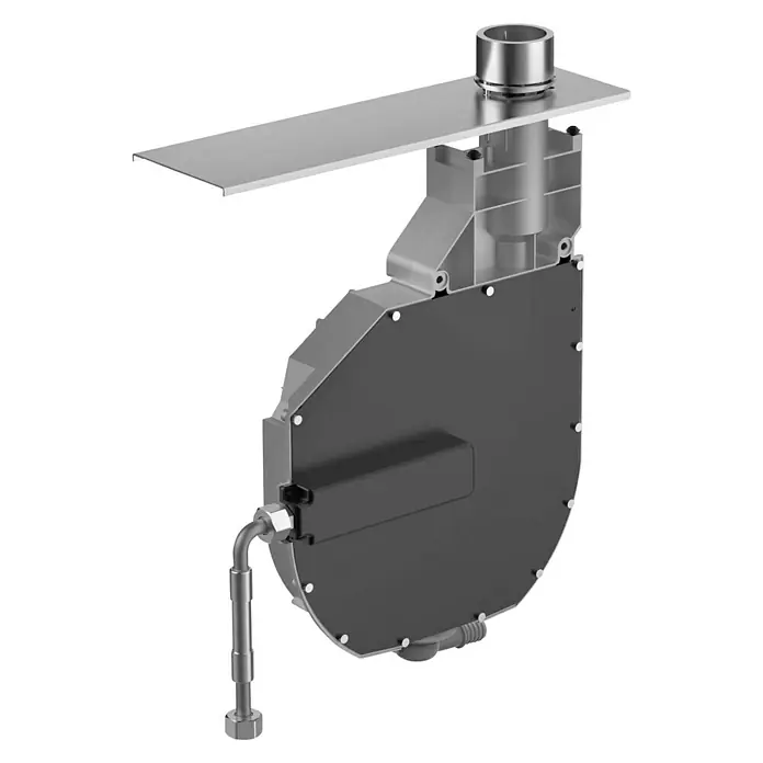 Hansa Unterputzsystem Rollbox - 1 ½″, Passend für: Hansa Unterputzmischer - Das Bild zeigt ein industrielles Gerät mit einem runden Gehäuse und einem Rohr, das von unten herausragt. Das Gerät ist an einer Platte befestigt.