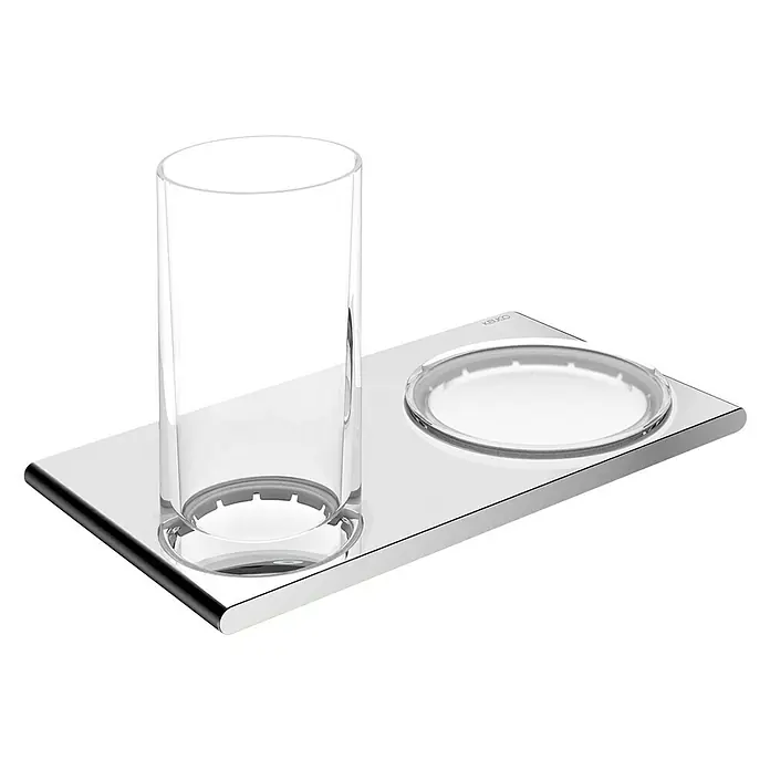 Keuco Edition 400 Doppelhalter - Kristallglas, Chrom, Glänzend - Elegantes Badezimmer-Accessoire: Ein gläserner Zahnputzbecher und Seifenschale auf einer glänzenden Chromhalterung für stilvolle Ordnung.