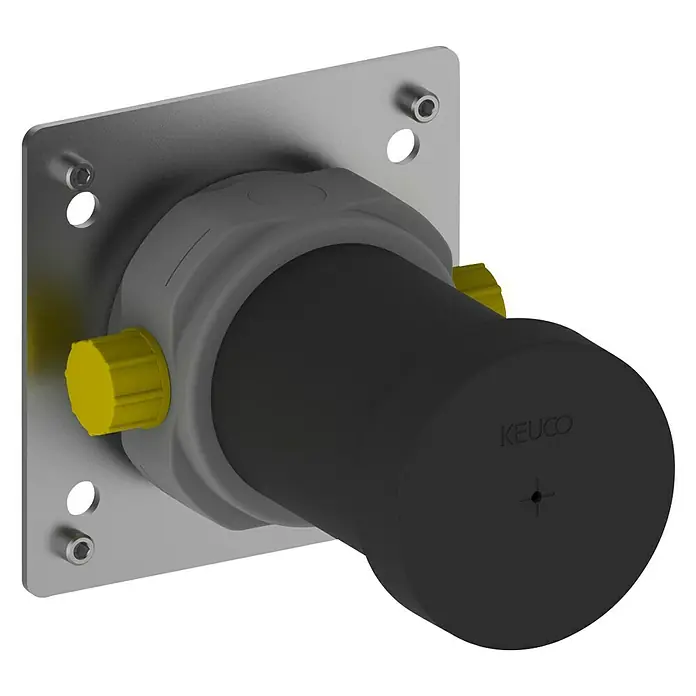Keuco Unterputzsystem IXMO UP - ¾″, Einbautiefe: 80 mm - 110 mm, Passend für: Keuco IXMO Absperrventil mit Schlauchanschluss - Abbildung eines KEUKO-Produkts, das ein Wandmontagegerät mit einer schwarzen zylindrischen Form und gelben Knöpfen zeigt.