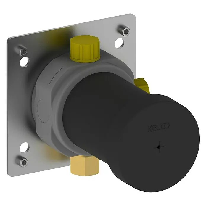 Keuco Unterputzsystem IXMO UP - ¾″, Einbautiefe: 80 mm - 110 mm, Passend für: Keuco IXMO Wand-Waschtischarmatur - Nahaufnahme eines Keuco-Produkts mit schwarzem Zylinder, gelben Kappen und silberner Platte.