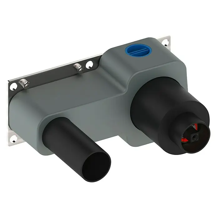 Keuco Unterputzsystem IXMO UP - ¾″, Einbautiefe: 70 mm - 100 mm, Passend für: Keuco IXMO Wand-Waschtischarmatur - Produktansicht des Wandhydrantenanschlusses. Der Hydrantenanschluss ist grau mit blauen Details und ist auf einer Metallplatte befestigt.