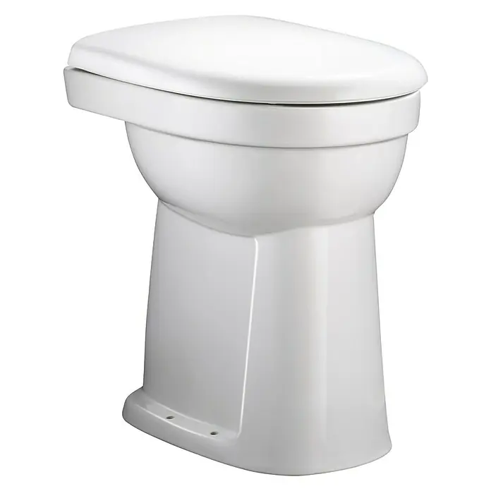 Geberit Renova Comfort Stand-WC Typ 3 - Mit Spülrand, Mit schmutzabweisender Glasur, Spülform: Flach, WC Abgang: Senkrecht, Weiß - Nahaufnahme einer modernen, weißen Toilette mit geschlossener Brille und klaren Linien. Das Design ist schlicht und elegant.