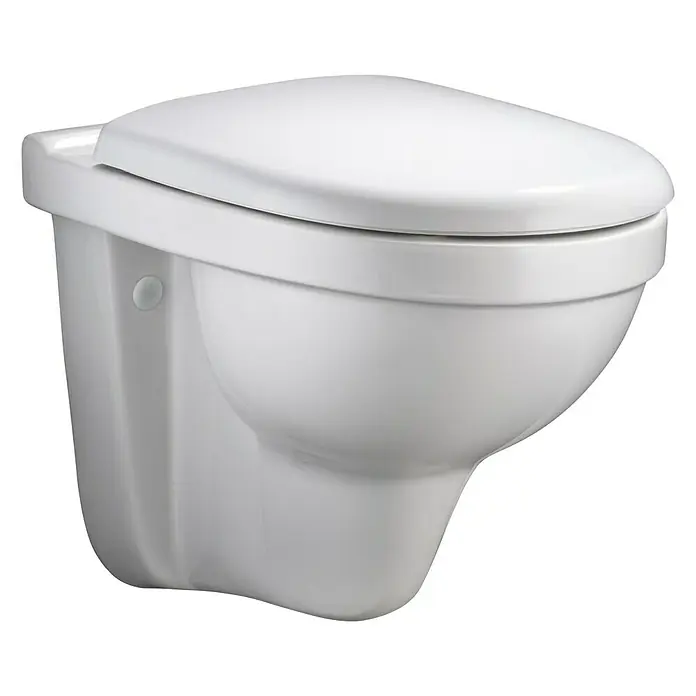 Geberit Renova Comfort Wand-WC Typ 1 - Mit Spülrand, Mit schmutzabweisender Glasur, Spülform: Tief, WC Abgang: Waagerecht, Weiß - Nahaufnahme einer weißen Wandtoilette mit geschlossenem Deckel vor schwarzem Hintergrund.