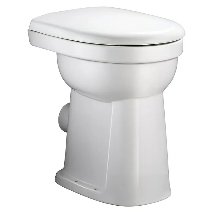 Geberit Renova Comfort Stand-WC Typ 3 - Mit Spülrand, Ohne Spezialglasur, Spülform: Flach, WC Abgang: Waagerecht, Weiß - Nahaufnahme einer weißen Marine-Toilette. Das Keramik-WC ist kompakt und für den Einsatz auf Booten konzipiert.