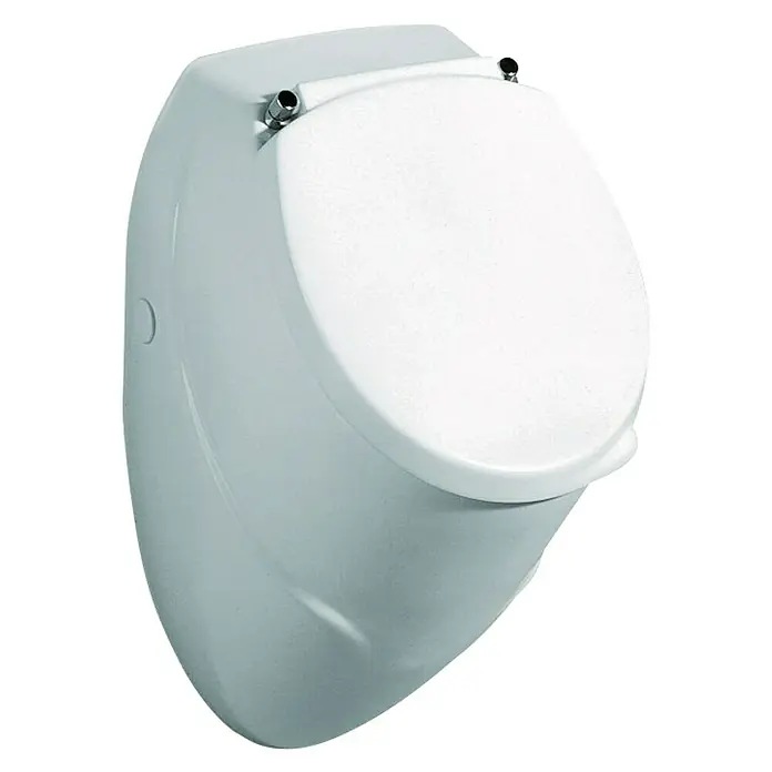 Geberit Corso Urinaldeckel - Kunststoff, Weiß - Nahaufnahme einer weißen Wand-Urinaltoilette mit geschlossenem Deckel, ideal für moderne Badezimmerdesigns und hygienische Lösungen.