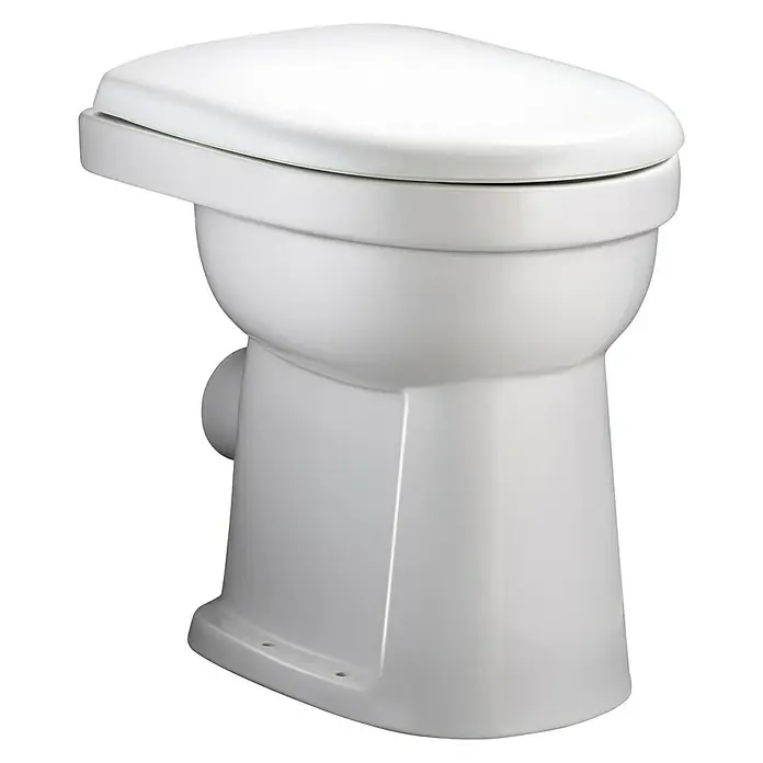 Geberit Renova Comfort Stand-WC Typ 1 - Mit Spülrand, Mit schmutzabweisender Glasur, Spülform: Flach, WC Abgang: Waagerecht, Weiß - Nahaufnahme einer weißen Marine-Toilette. Das schlichte Design und die glatte Oberfläche des WCs sind gut sichtbar.