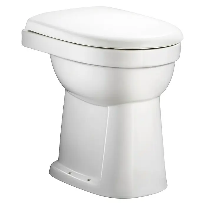 Geberit Renova Comfort Stand-WC Typ 1 - Mit Spülrand, Ohne Spezialglasur, Spülform: Flach, WC Abgang: Senkrecht, Weiß - Nahaufnahme einer weißen Toilette mit glatter Oberfläche und verdecktem Abfluss für ein elegantes, modernes Badezimmerdesign.