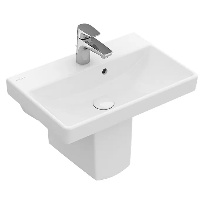 Villeroy & Boch Avento Waschtisch Compact - 55 x 37 cm, Ohne Spezialglasur, Hahnloch: Mitte, Mit Überlauf, Weiß - Das Bild zeigt ein modernes, weißes Villeroy & Boch Waschbecken mit einer glänzenden Armatur, ideal für stilvolle Badezimmer.