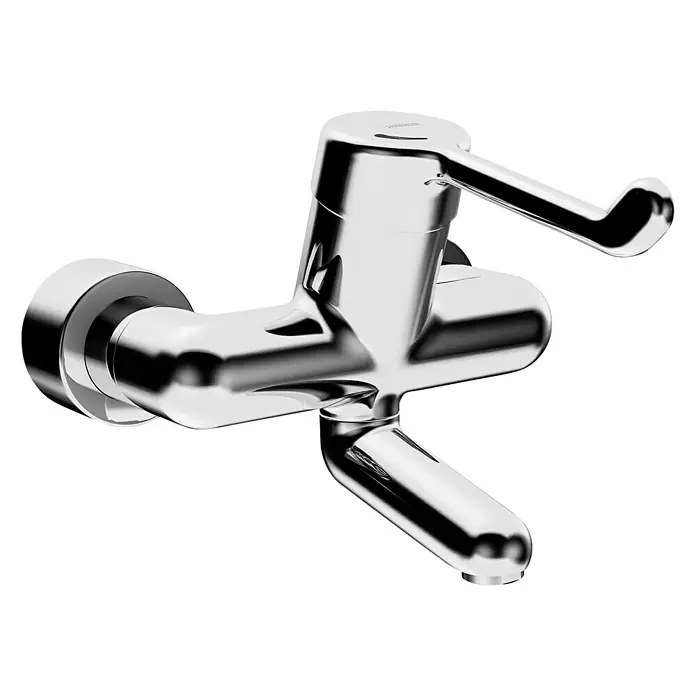 Hansa Medipro Waschtischarmatur - Chrom, Glänzend, Ausladung Armatur: 171 mm, Mit Objekt-Sicherheitshebel - Nahaufnahme einer glänzenden, modernen Chrom-Wandarmatur, die Eleganz und Funktionalität in jedem Badezimmer verspricht.