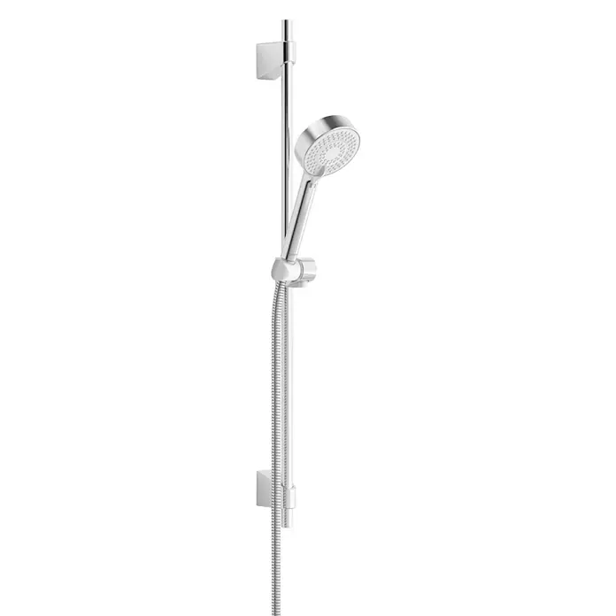 Hansa Basicjet Brausegarnitur - Lochabstand: 72 cm, Art Strahl: Rain, IntenseRain, SoftRain, Chrom - Bild einer verstellbaren Duschstange mit Handbrause, die Funktionalität und modernes Design im Badezimmer vereint.