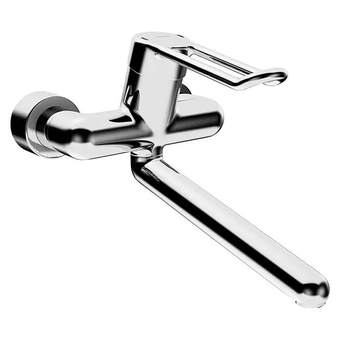 Hansa Medipro Waschtischarmatur - Chrom, Glänzend, Ausladung Armatur: 311 mm, Mit Bügelhebel - Nahaufnahme einer eleganten, verchromten Küchenarmatur mit modernem Design, die sich ideal für jede Spüle eignet.
