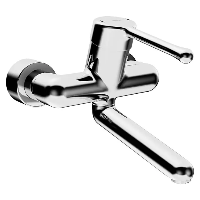Hansa Medipro Waschtischarmatur - Chrom, Glänzend, Mit Objekthebel lang, Ausladung Armatur: 246 mm - Glänzender, verchromter Wasserhahn für Wandmontage mit Hebelgriff und Auslauf in Nahaufnahme auf schwarzem Hintergrund.
