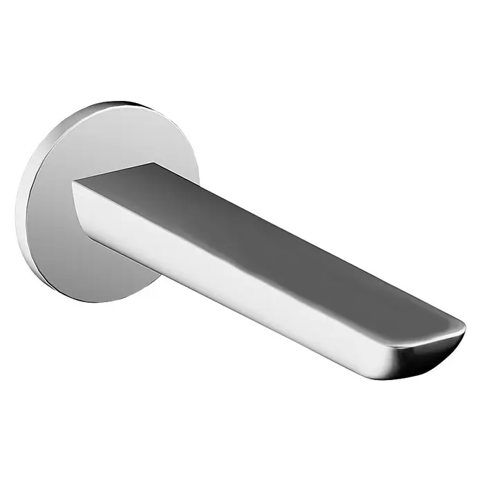 Hansa Ligna Wanneneinlauf - Ausladung Armatur: 180 mm, Chrom - Nahaufnahme eines modernen, verchromten Wasserhahns mit rechteckigem Auslauf und runder Basis, ideal für ein stilvolles Badezimmer.