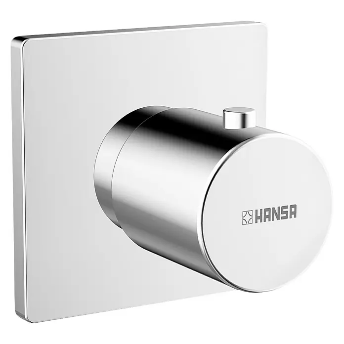 Hansa UP-Brausearmatur - Chrom, Glänzend - Das Bild zeigt einen glänzenden, quadratischen Hansa-Wasserhahn mit einem zylindrischen Griff. Das Design ist modern und minimalistisch.