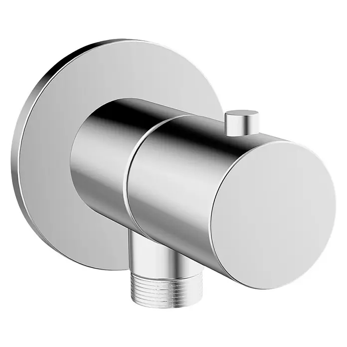 Hansa Brauseanschluss mit integrierter Absperrung - ½″, Chrom - Nahaufnahme eines glänzenden, verchromten Eckventils mit Wandanschluss und kleinem Bedienknopf auf schwarzem Hintergrund.