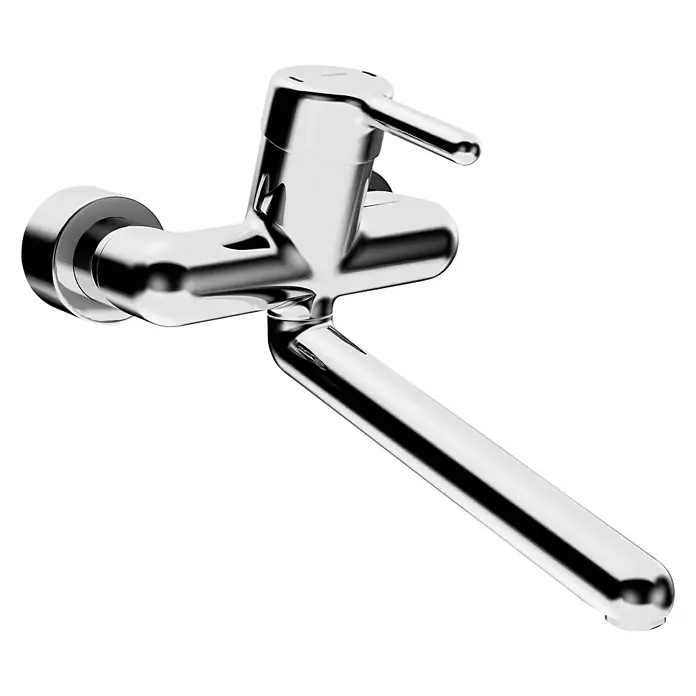 Hansa Medipro Waschtischarmatur - Wandmontage, Chrom, Glänzend, Ausladung Armatur: 311 mm, Mit Abdeckungen mit Vorabsperrung, Langer Auslauf - Nahaufnahme einer glänzenden Chrom-Waschtischarmatur mit Hebelgriff und langem Auslauf vor schwarzem Hintergrund.
