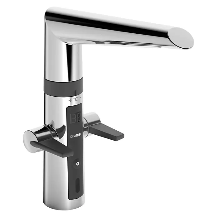 Hansa Fit Spültischarmatur - Chrom/Schwarz, Infrarot-Elektronik, Glänzend - Nahaufnahme eines eleganten Hansa-Wasserhahns mit Temperaturanzeige und minimalistischen Griffen vor einem schwarzen Hintergrund.
