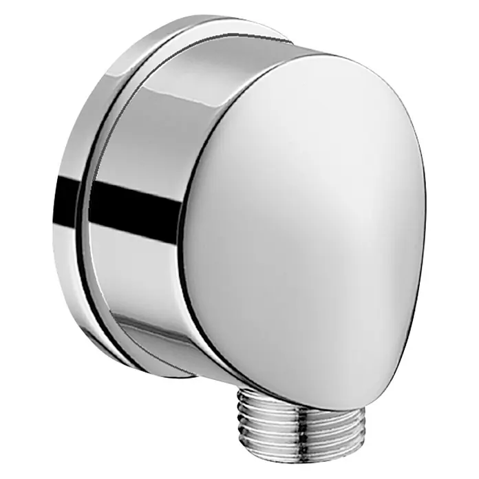 Hansa Vantis Brauseanschluss - ½″, Chrom - Nahaufnahme eines glänzenden, verchromten Wandanschlussbogens mit Gewinde für Badezimmerarmaturen. Perfekt für eine moderne Duschinstallation.