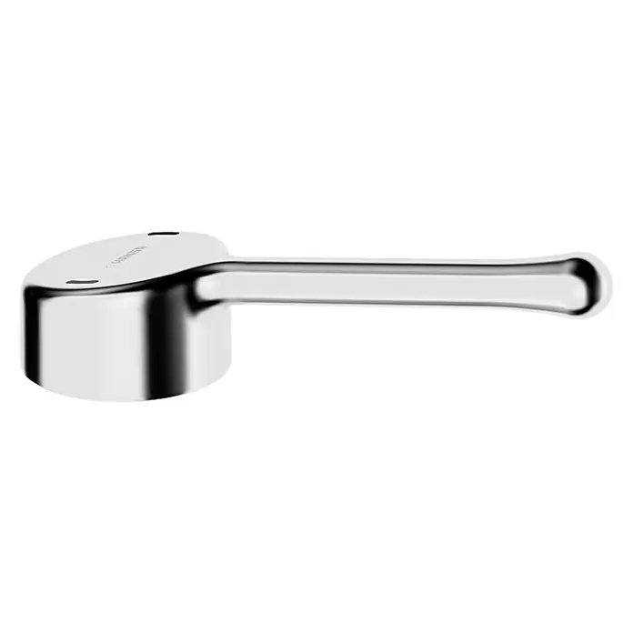 Hansa Medipro Bedienungshebel Objektbügelhebel lang - Chrom, Glänzend - Nahaufnahme eines verchromten Wasserhahn-Hebels. Das glänzende Metallobjekt zeichnet sich durch sein modernes Design und seine hochwertige Verarbeitung aus.