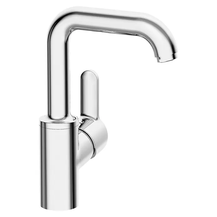 Hansa Primo Waschtischarmatur - Ohne Zugstange, Chrom, Glänzend, Schwenkbar - Detailaufnahme einer glänzenden, modernen Armatur mit einem minimalistischen Design und einem einzelnen Griff zur Steuerung des Wasserflusses.