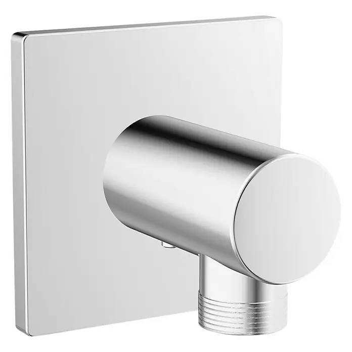 Hansa Designo Brauseanschluss - ½″, Chrom - Nahaufnahme eines modernen, verchromten Wasserhahns mit quadratischer Platte und zylindrischem Griff, der ein elegantes Baddesign ausstrahlt.