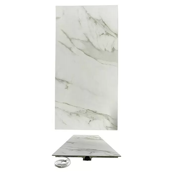 Jollytherm Calentador cerámico por infrarrojos - An x Al: 600 x 1.200 mm, 1.100 W, Blanco, gris - Placa calefactora eléctrica con patrón de mármol blanco, con cable de alimentación y enchufe visibles.