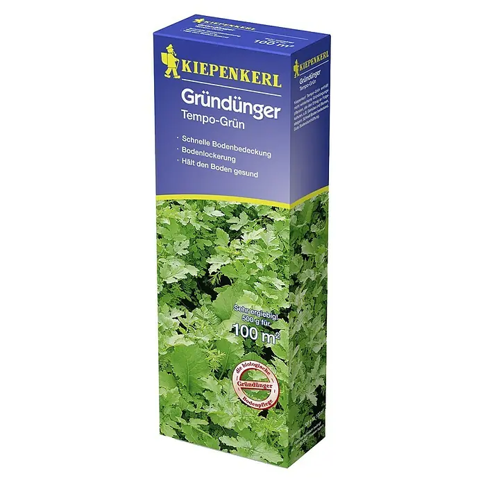 Kiepenkerl Gründüngung - Verschiedene Sorten, Tempo-Grün, 100 m² - Bild einer Packung Kiepenkerl Gründünger Tempo-Grün, ein Bodendünger für schnelles Wachstum und gesunden Boden.
