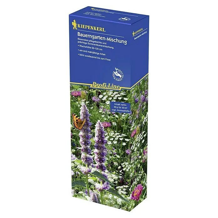 Kiepenkerl Blumensamen Bauerngarten - Verschiedene Sorten, Blütezeit: Juni, 50 m² - Abbildung der Kiepenkerl Bauerngarten-Mischung, eine pflegeleichte Sommerblumenmischung für einen farbenfrohen Garten.